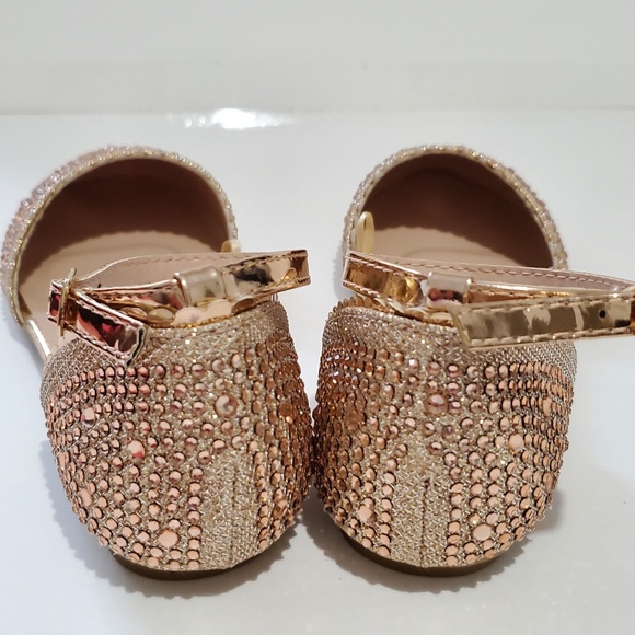 Girl's Ballet Strap Flat Formal Party Shoes Size 3 Golden Sparkly Embellished - Picture 4 of 7